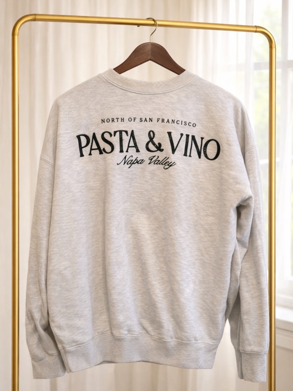 Reflex Light Gray Crewneck Sweatshirt with Black 'PASTA & VINO' Graphic